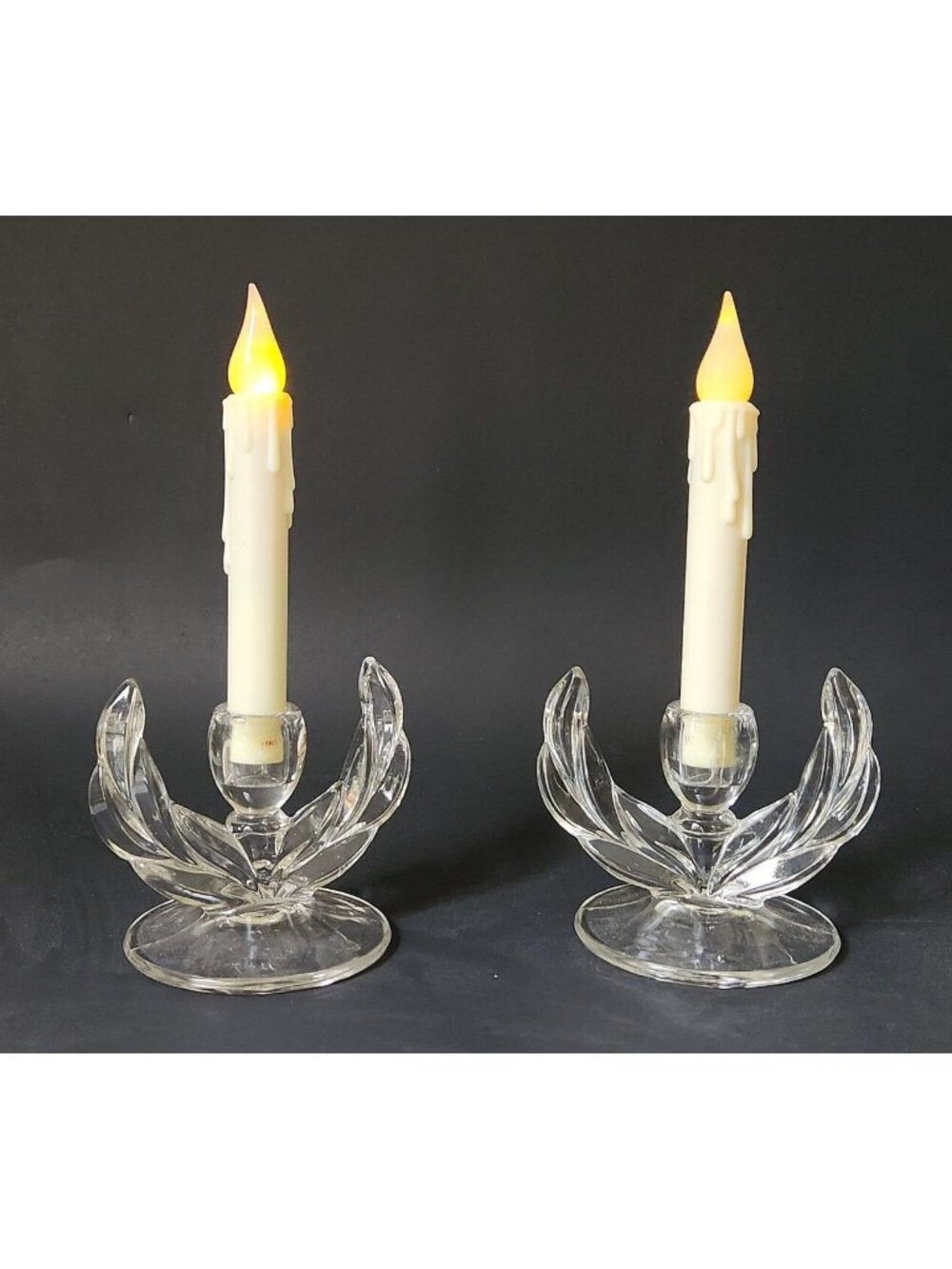 Pair Vintage Indiana Glass Willow Clear Taper Candlesticks Mid Century‎ 1950s